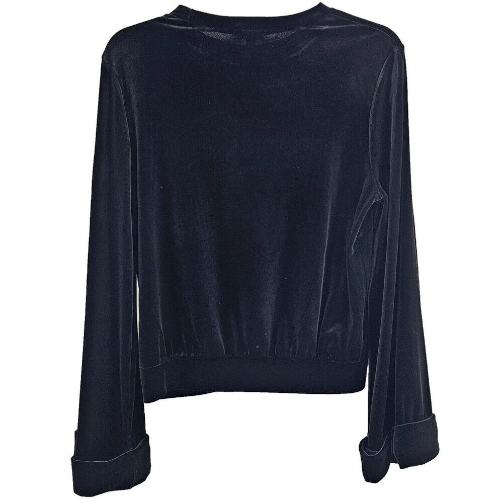 Leith Womens Black Velvet Crew Neck Cuffed Bell Sleeve Blouse Top Size Small - Picture 3 of 6